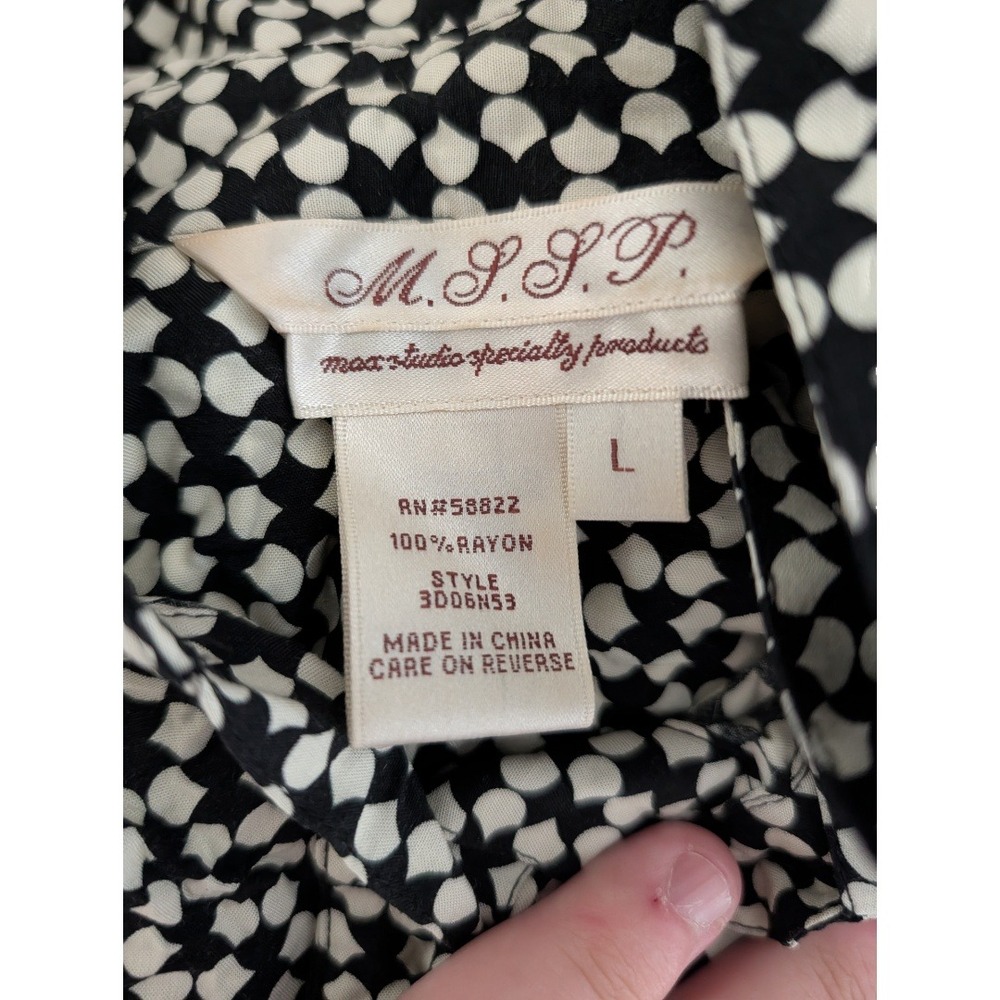 MSSP Max Studio Shirtdress Womens L Black White Geometric Rayon Roll Tab Vintage - Picture 11 of 12